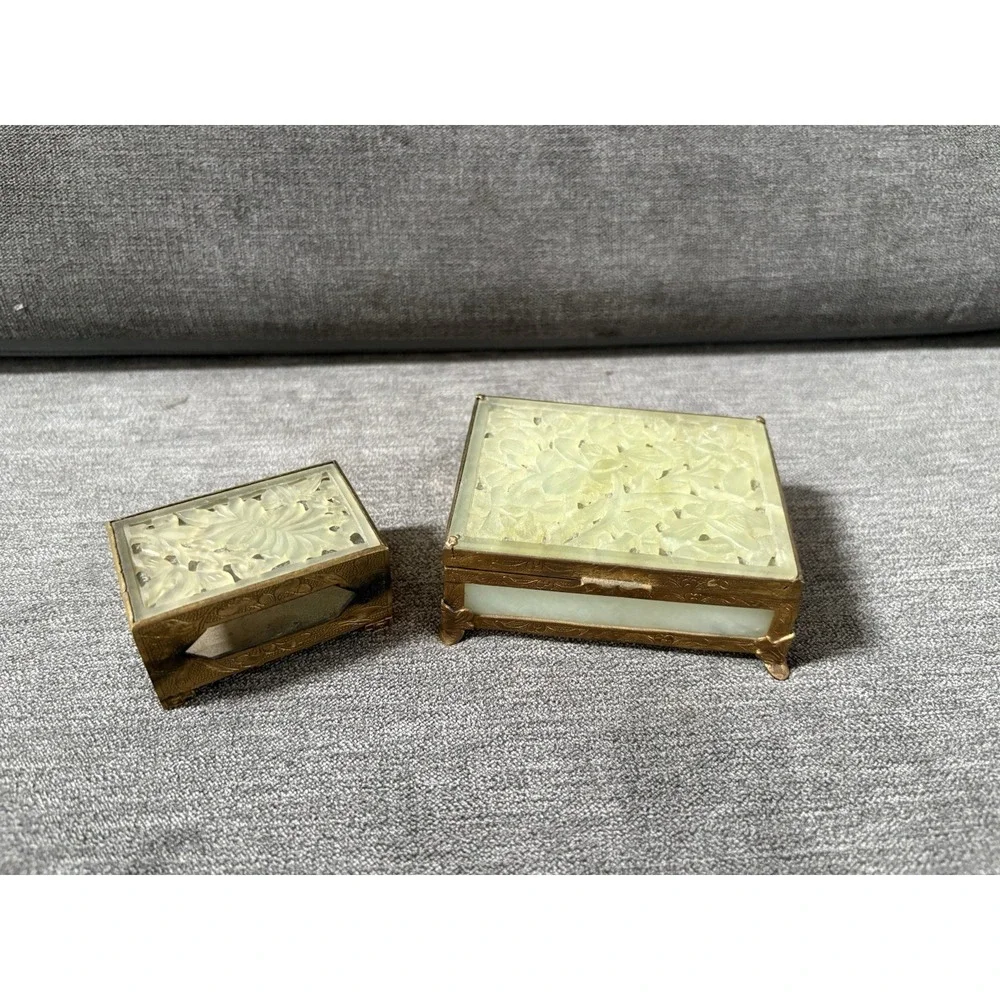 2 Antique Carved Chinese Cigarette And Matchbox Trinket‎ Ornate Boxes Jade Brass